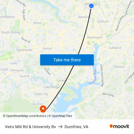 Veirs Mill Rd & University Bv to Dumfries, VA map