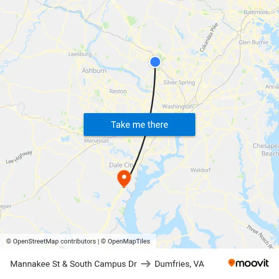 Mannakee St & South Campus Dr to Dumfries, VA map
