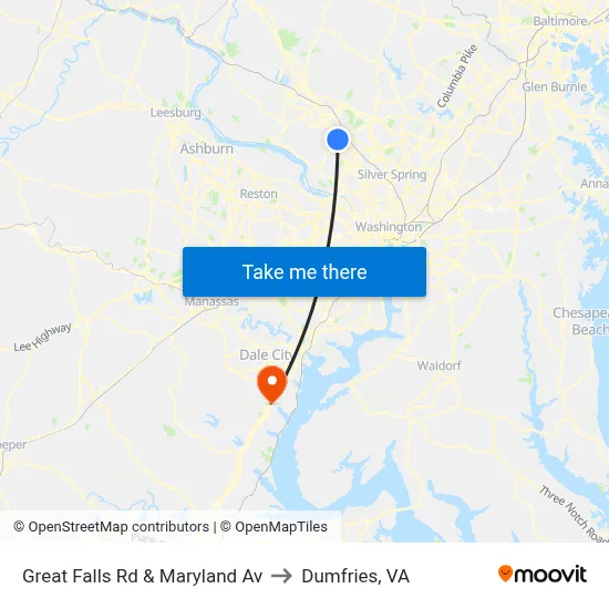 Great Falls Rd & Maryland Av to Dumfries, VA map