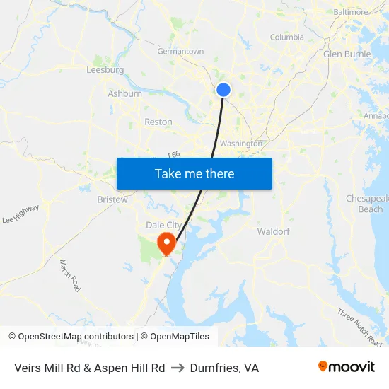 Veirs Mill Rd & Aspen Hill Rd to Dumfries, VA map