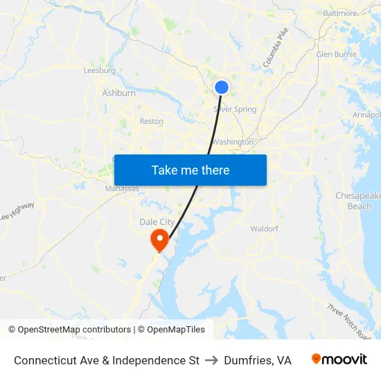 Connecticut Ave & Independence St to Dumfries, VA map