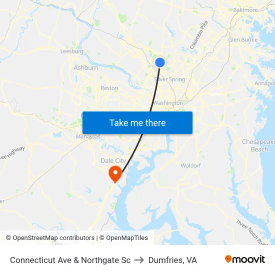 Connecticut Ave & Northgate Sc to Dumfries, VA map