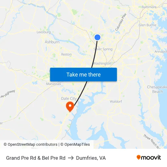 Grand Pre Rd & Bel Pre Rd to Dumfries, VA map