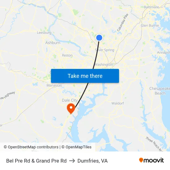 Bel Pre Rd & Grand Pre Rd to Dumfries, VA map