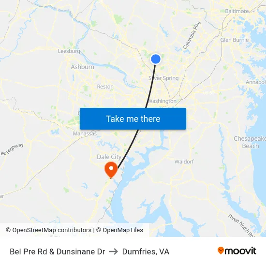 Bel Pre Rd & Dunsinane Dr to Dumfries, VA map