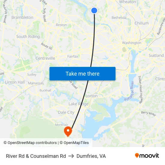 River Rd & Counselman Rd to Dumfries, VA map