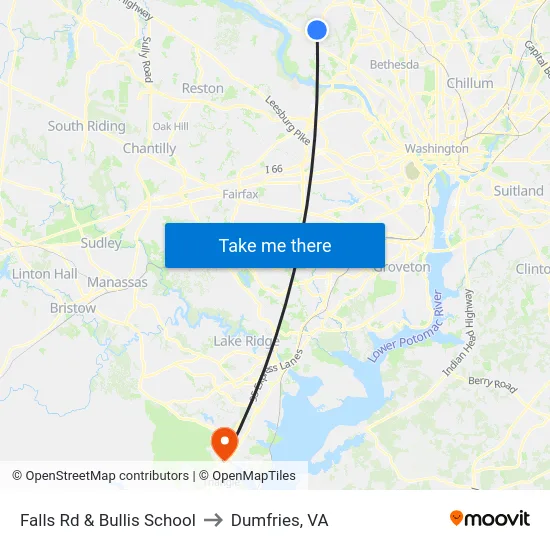 Falls Rd & Bullis School to Dumfries, VA map
