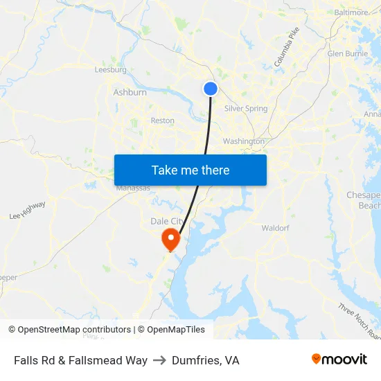 Falls Rd & Fallsmead Way to Dumfries, VA map