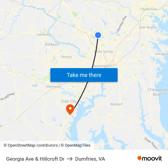 Georgia Ave & Hillcroft Dr to Dumfries, VA map