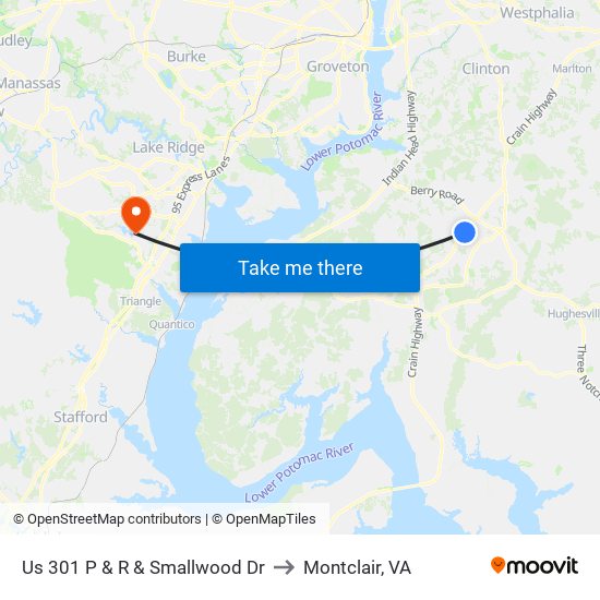 Us 301 P & R & Smallwood Dr to Montclair, VA map