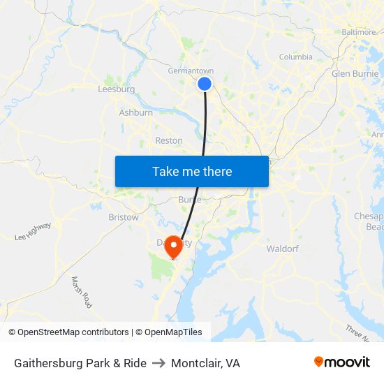 Gaithersburg Park & Ride to Montclair, VA map