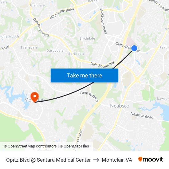 Opitz Blvd @ Sentara Medical Center to Montclair, VA map