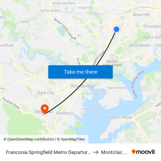 Franconia Springfield Metro Departures to Montclair, VA map