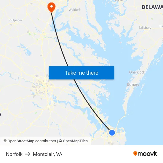 Norfolk to Montclair, VA map