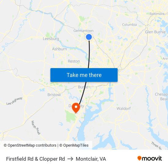 Firstfield Rd & Clopper Rd to Montclair, VA map