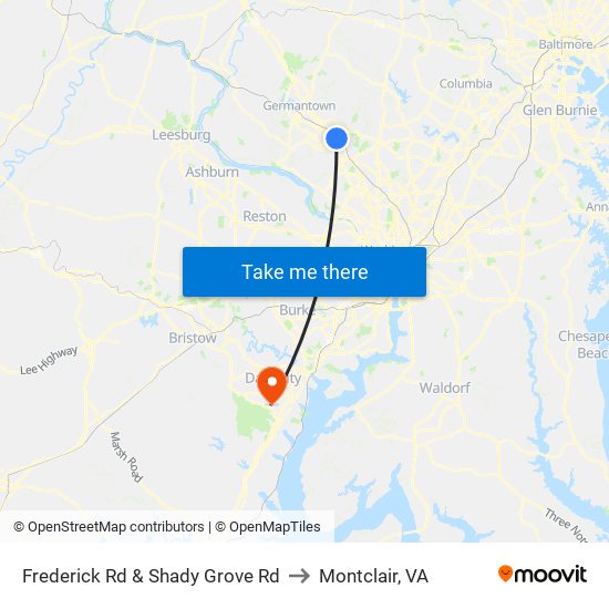 Frederick Rd & Shady Grove Rd to Montclair, VA map