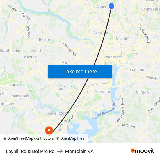 Layhill Rd & Bel Pre Rd to Montclair, VA map