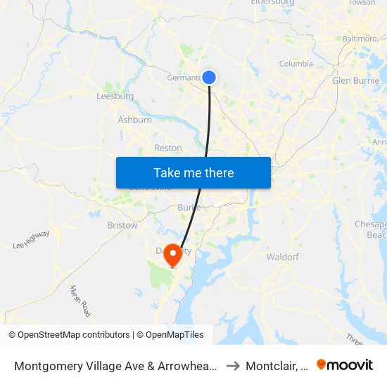 Montgomery Village Ave & Arrowhead Rd to Montclair, VA map