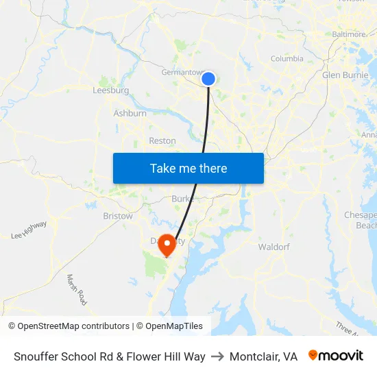 Snouffer School Rd & Flower Hill Way to Montclair, VA map