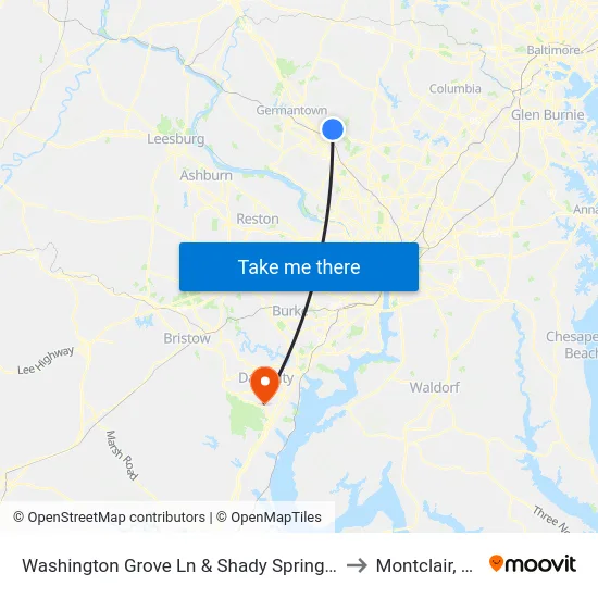 Washington Grove Ln & Shady Spring Dr to Montclair, VA map