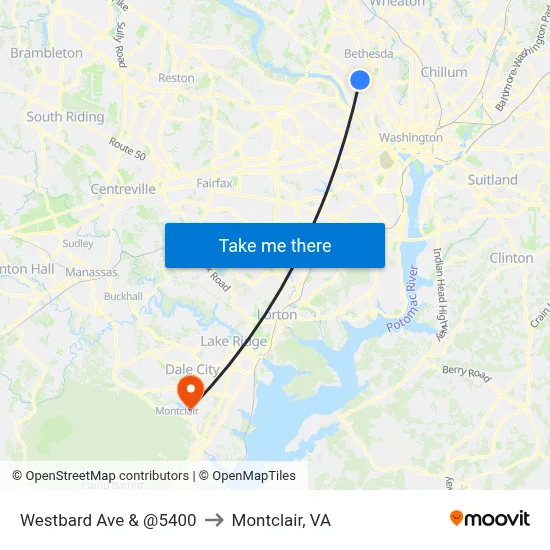 Westbard Ave & @5400 to Montclair, VA map