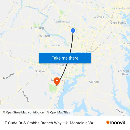 E Gude Dr & Crabbs Branch Way to Montclair, VA map