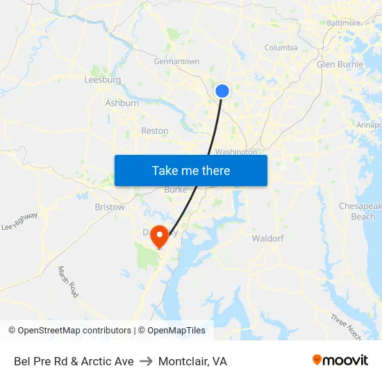 Bel Pre Rd & Arctic Ave to Montclair, VA map