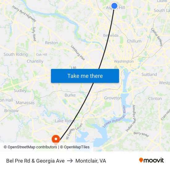 Bel Pre Rd & Georgia Ave to Montclair, VA map