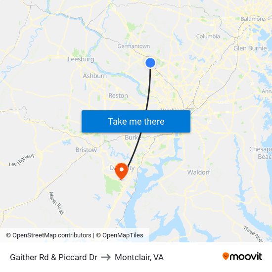 Gaither Rd & Piccard Dr to Montclair, VA map