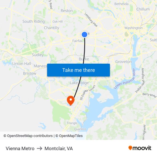 Vienna Metro to Montclair, VA map