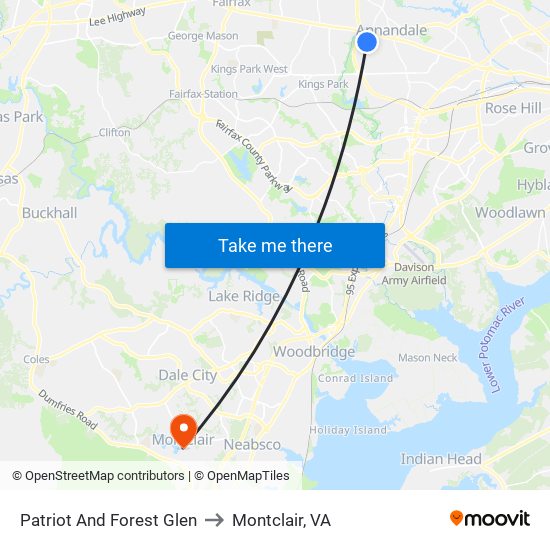 Patriot And Forest Glen to Montclair, VA map