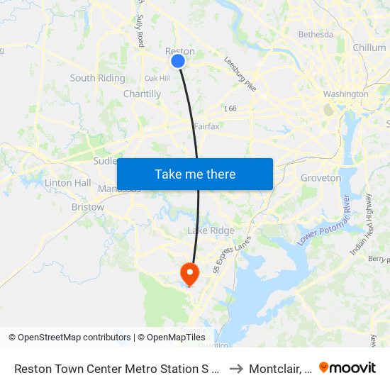 Reston Town Center Metro Station S Bay B to Montclair, VA map