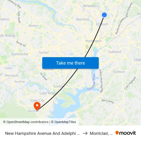 New Hampshire Avenue And Adelphi Road to Montclair, VA map