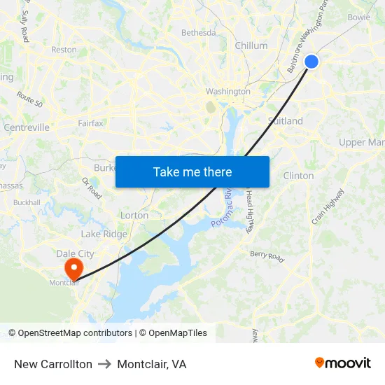 New Carrollton to Montclair, VA map
