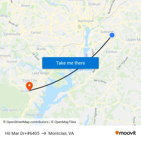 Hil Mar Dr+#6405 to Montclair, VA map