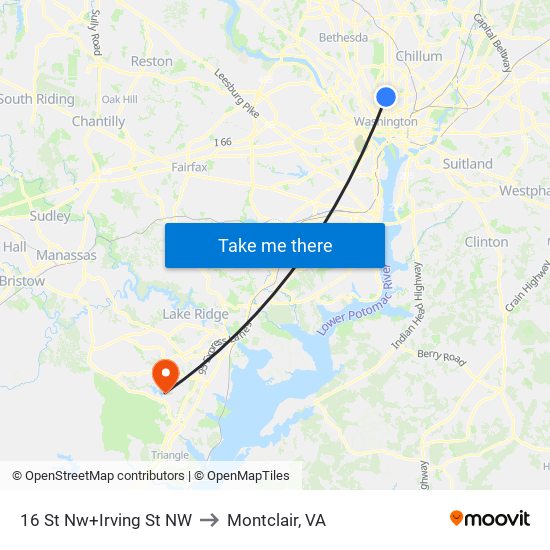 16 St Nw+Irving St NW to Montclair, VA map