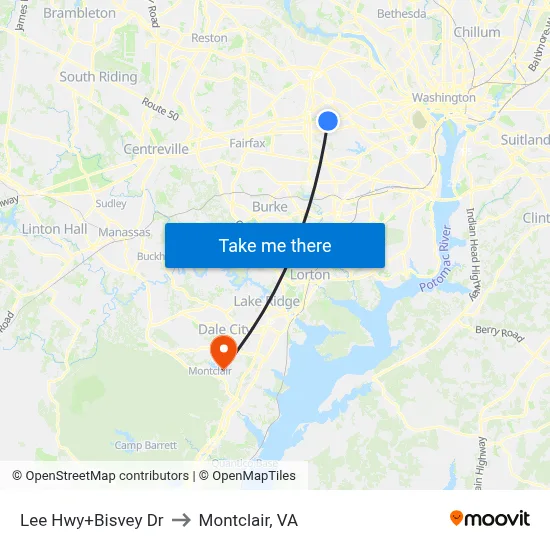Lee Hwy+Bisvey Dr to Montclair, VA map