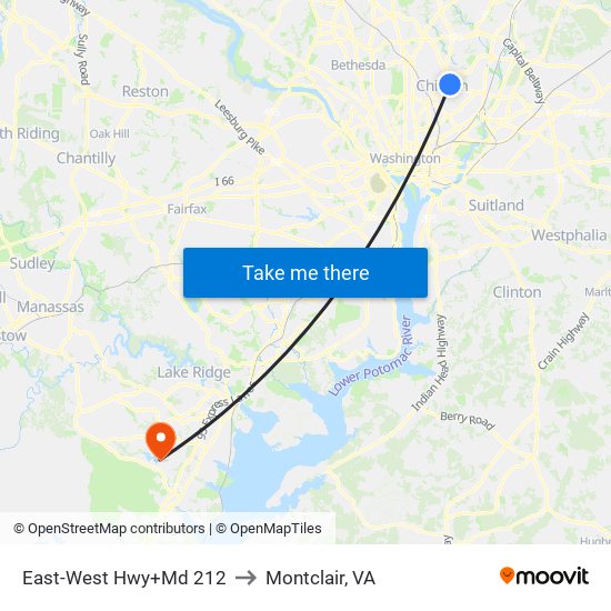 East-West Hwy+Md 212 to Montclair, VA map