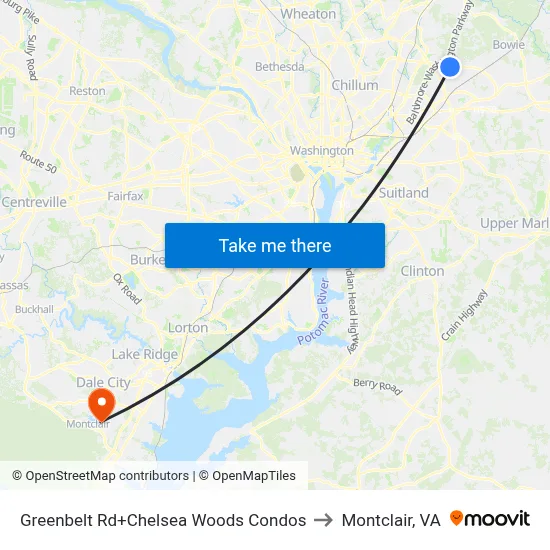 Greenbelt Rd+Chelsea Woods Condos to Montclair, VA map