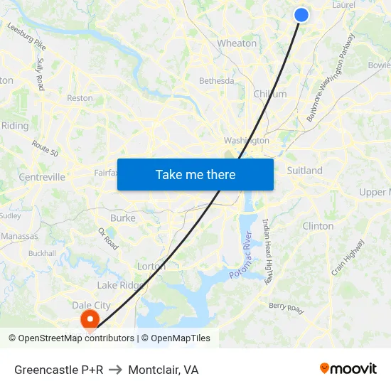 Greencastle P+R to Montclair, VA map