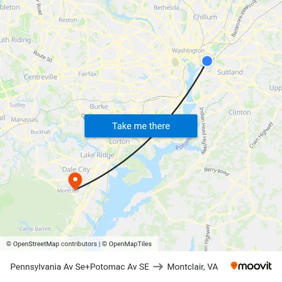 Pennsylvania Av Se+Potomac Av SE to Montclair, VA map
