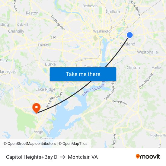 Capitol Heights+Bay D to Montclair, VA map