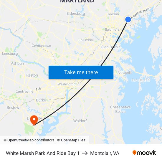 White Marsh Park And Ride Bay 1 to Montclair, VA map
