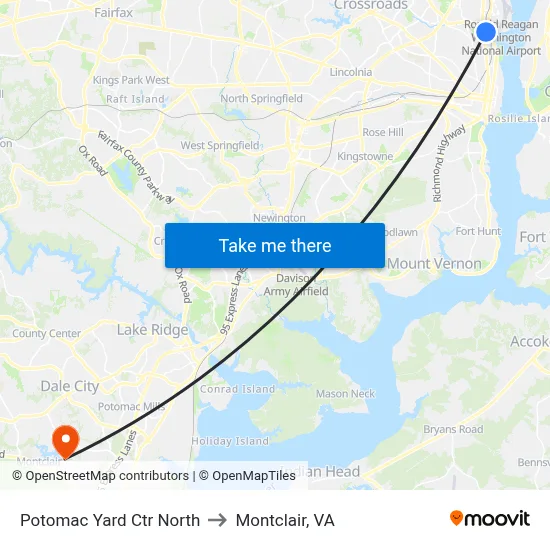 Potomac Yard Ctr North to Montclair, VA map