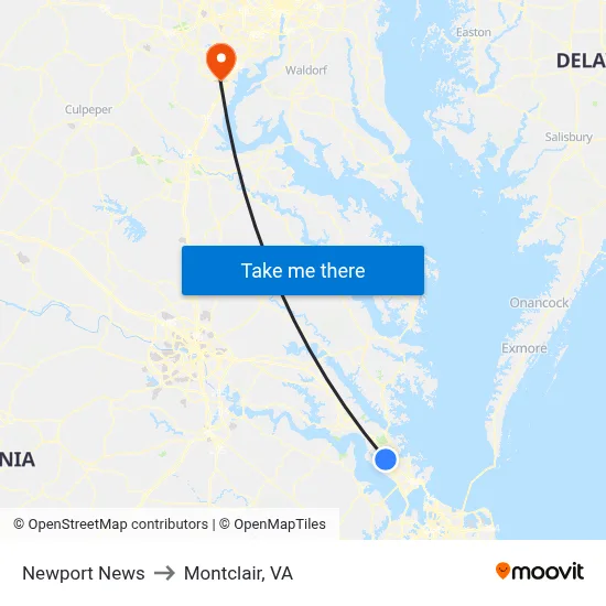 Newport News to Montclair, VA map
