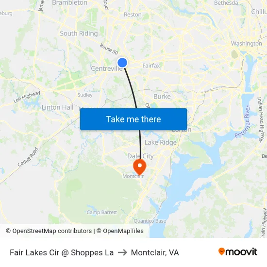 Fair Lakes Cir @ Shoppes La to Montclair, VA map