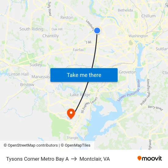 Tysons Corner Metro Bay A to Montclair, VA map