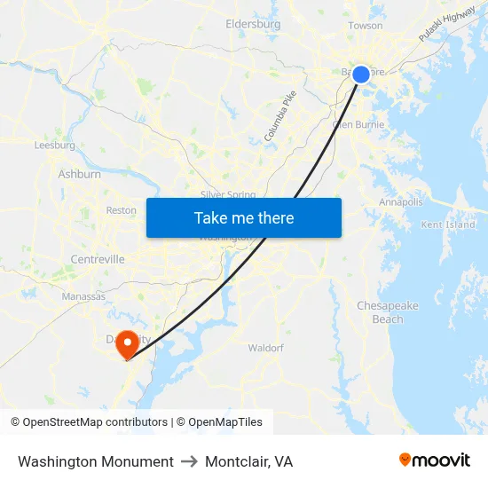 Washington Monument to Montclair, VA map