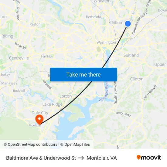 Baltimore Ave & Underwood St to Montclair, VA map