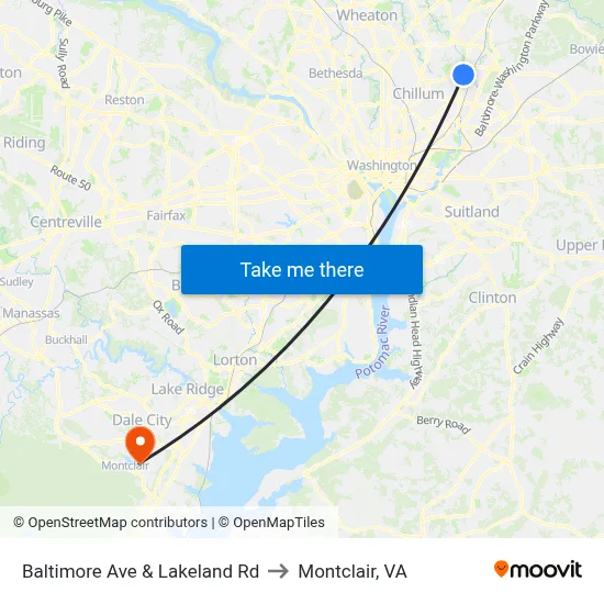 Baltimore Ave & Lakeland Rd to Montclair, VA map